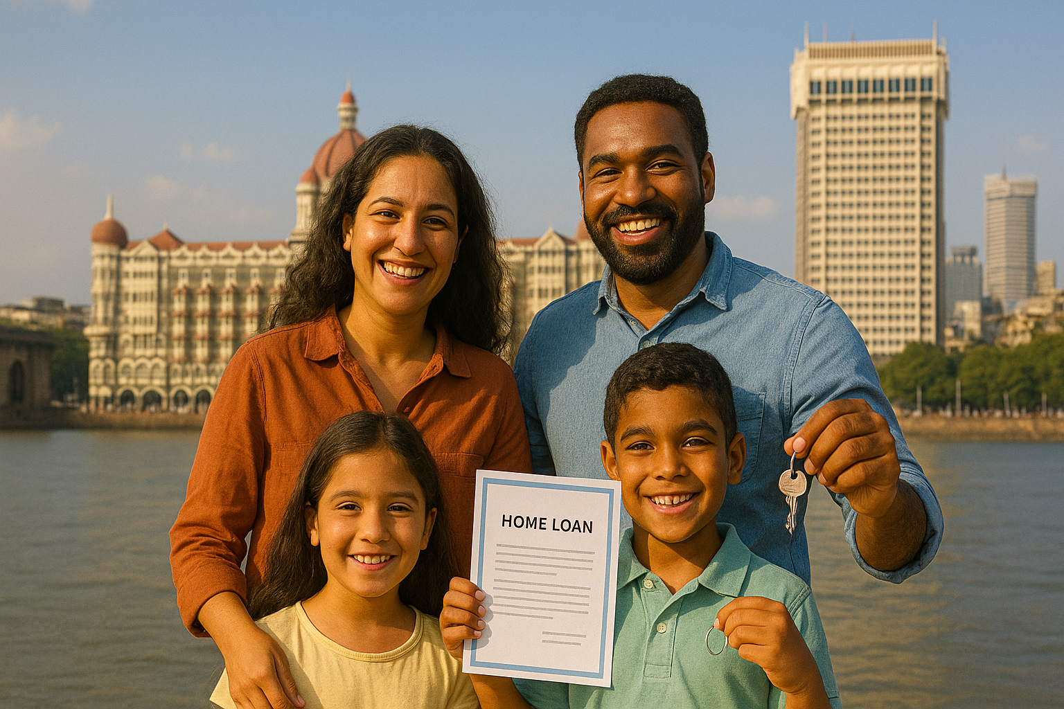 Happy family in front of their new home